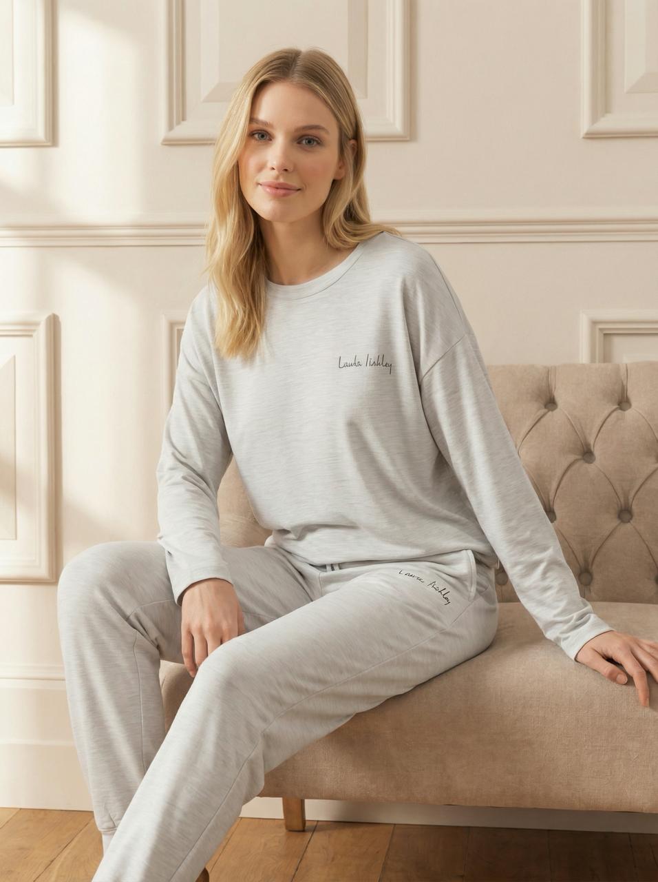 Піжамна футболка з довгим рукавом, бежевий меланж